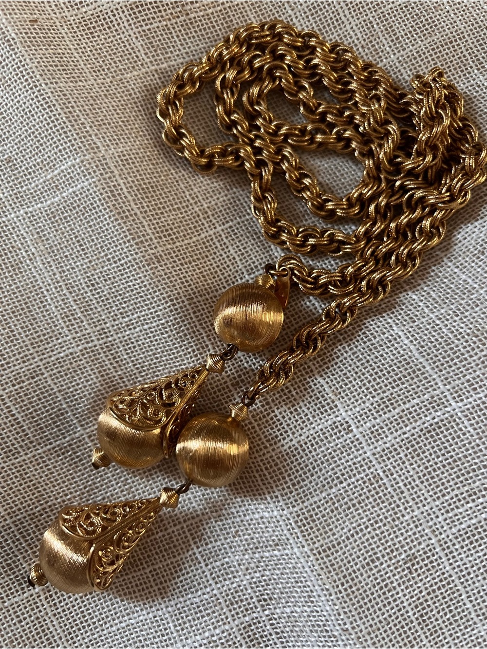 Vintage 1961 Monet Bolero Lariat Necklace Gold Tone Filigree 32”